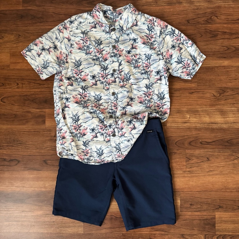 Hurley • Children’s Place | Floral Button-Up Shirt and Navy Shorts Outfit